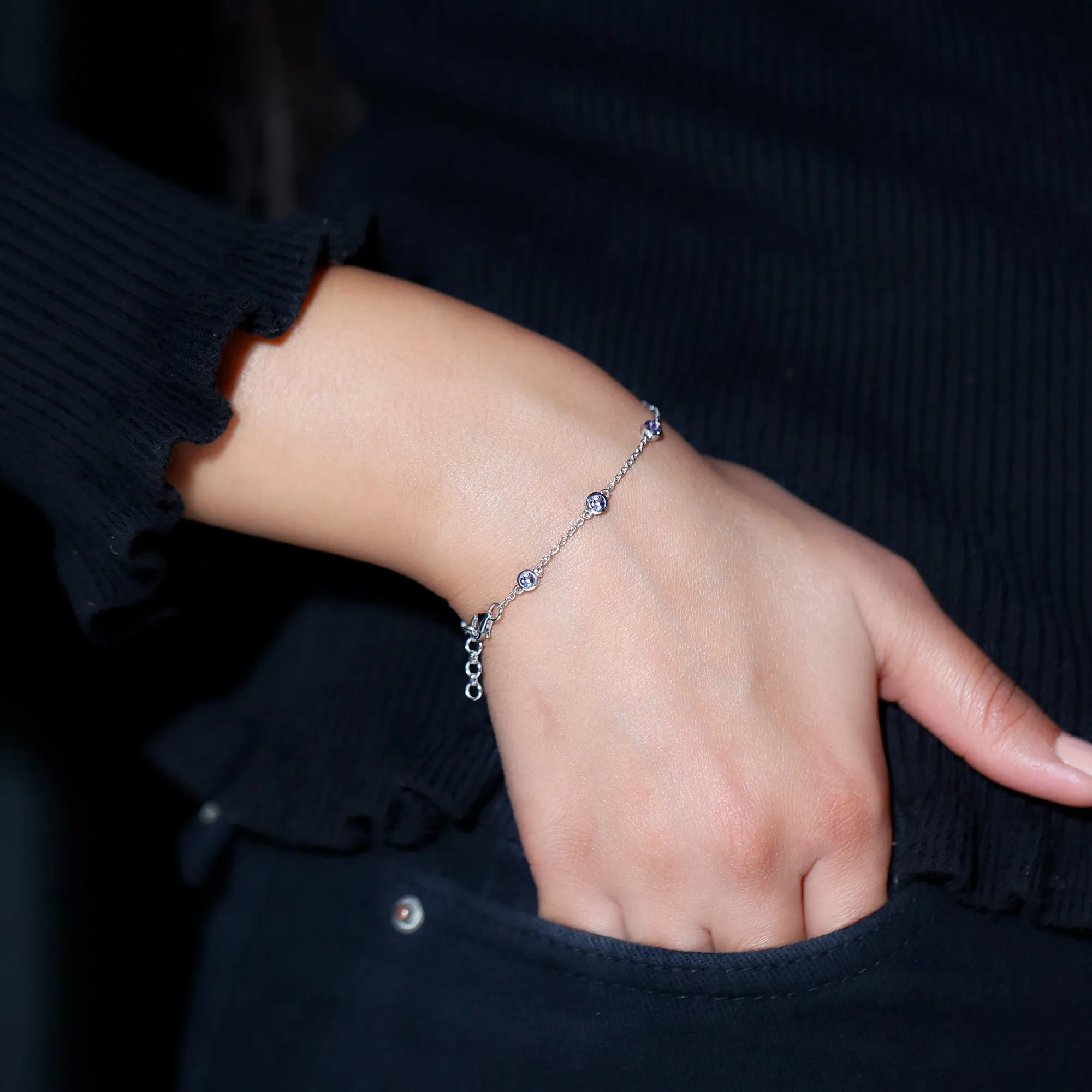 1 CT Bezel Set Tanzanite Seven Stone Station Chain Bracelet