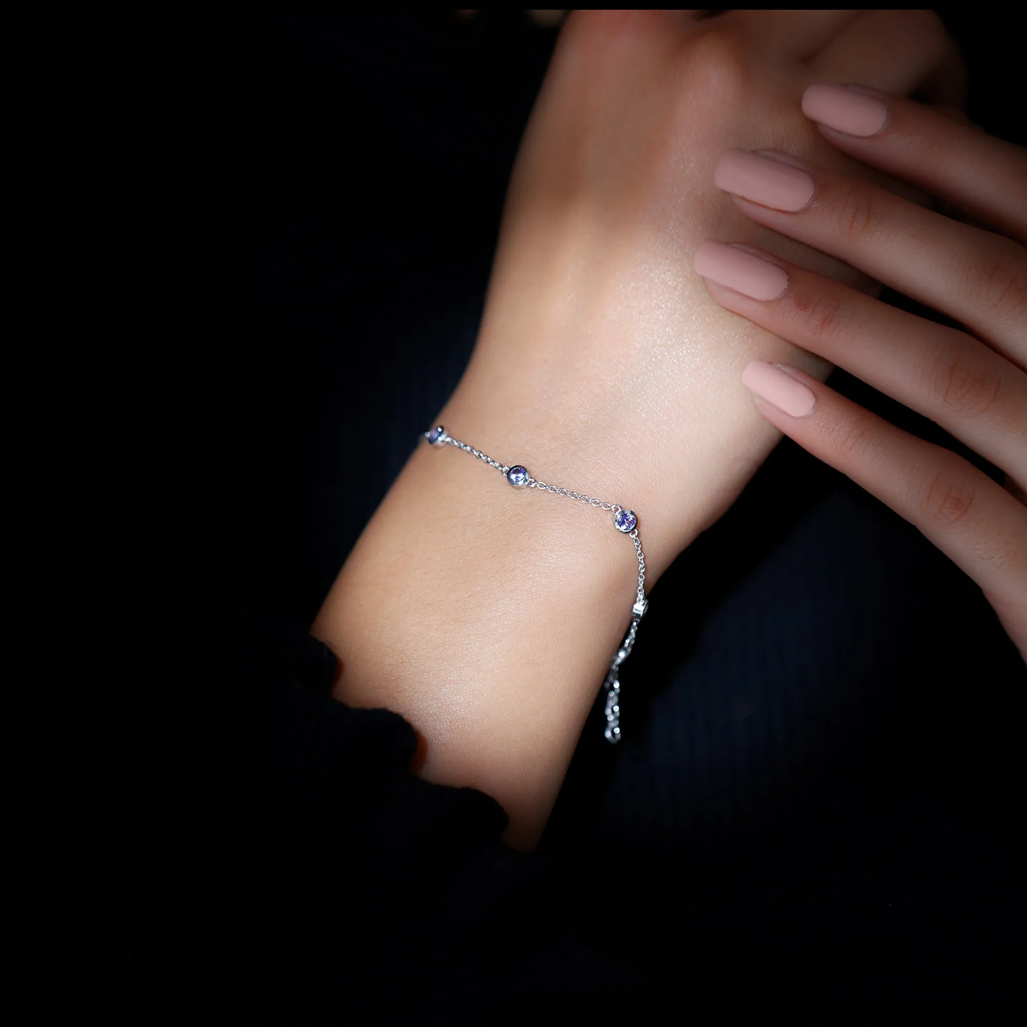 1 CT Bezel Set Tanzanite Seven Stone Station Chain Bracelet