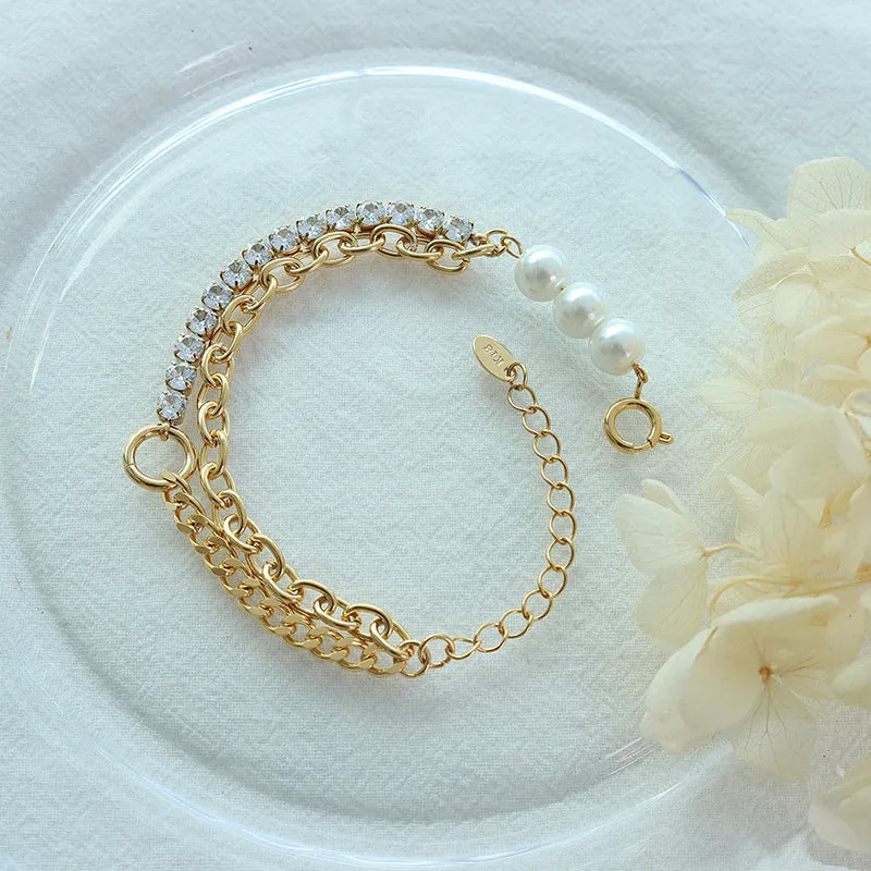 18K Gold Plated Titanium Steel Bracelet with Imitation Pearl and Zircon Elements