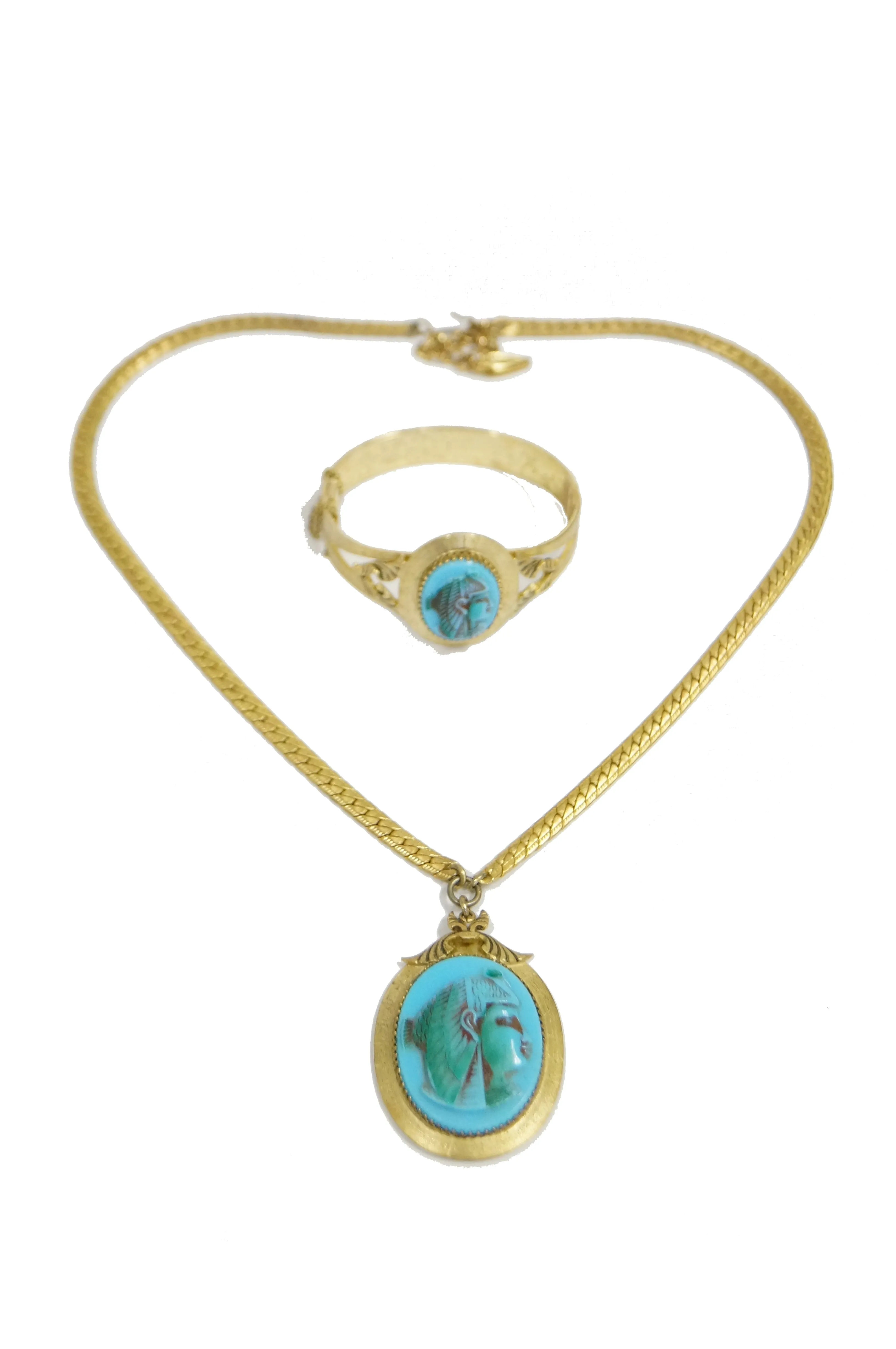 1970s Whiting & Davis Egyptian Revival Isis Cameo Necklace and Bracelet