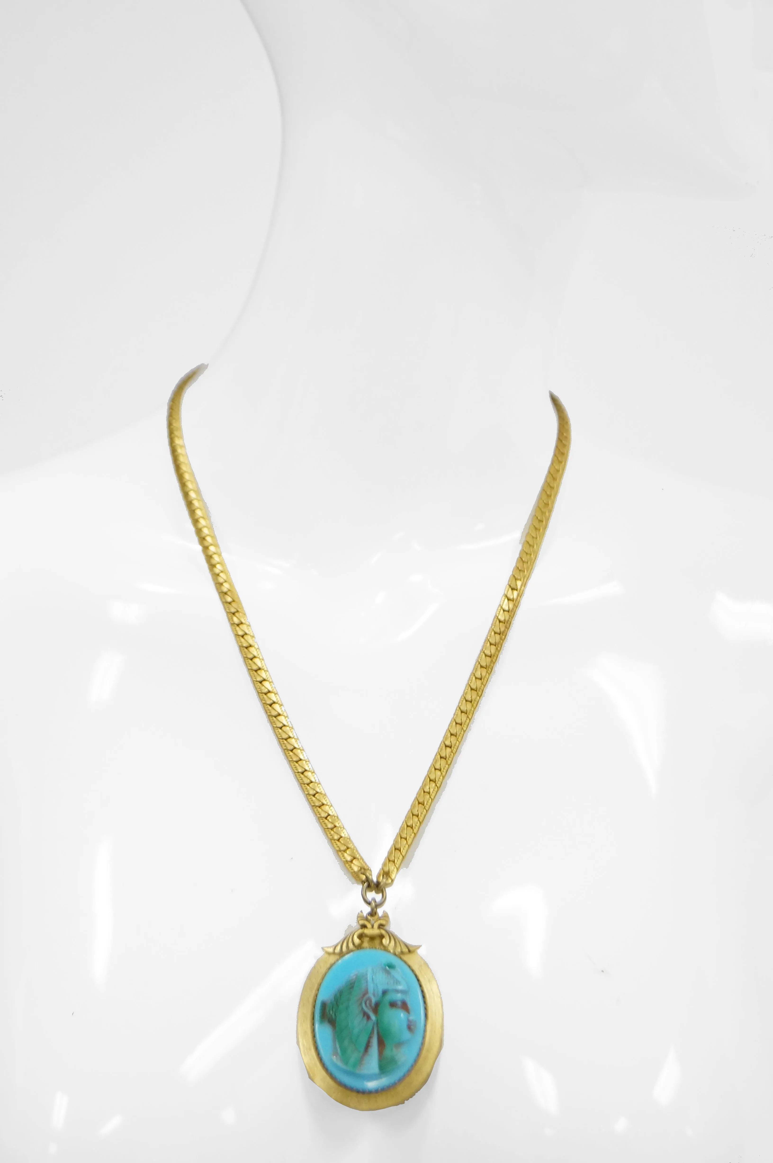 1970s Whiting & Davis Egyptian Revival Isis Cameo Necklace and Bracelet