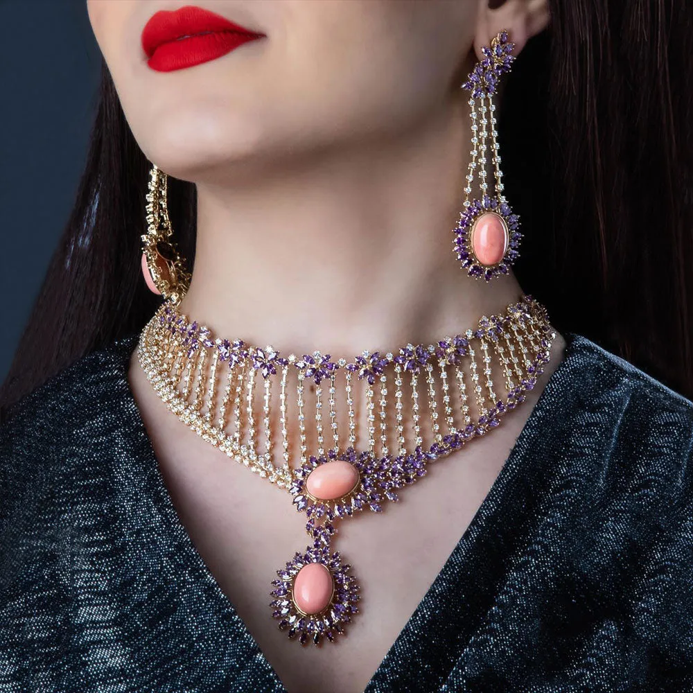 4PCS Real Coral Pink Jewelry Set