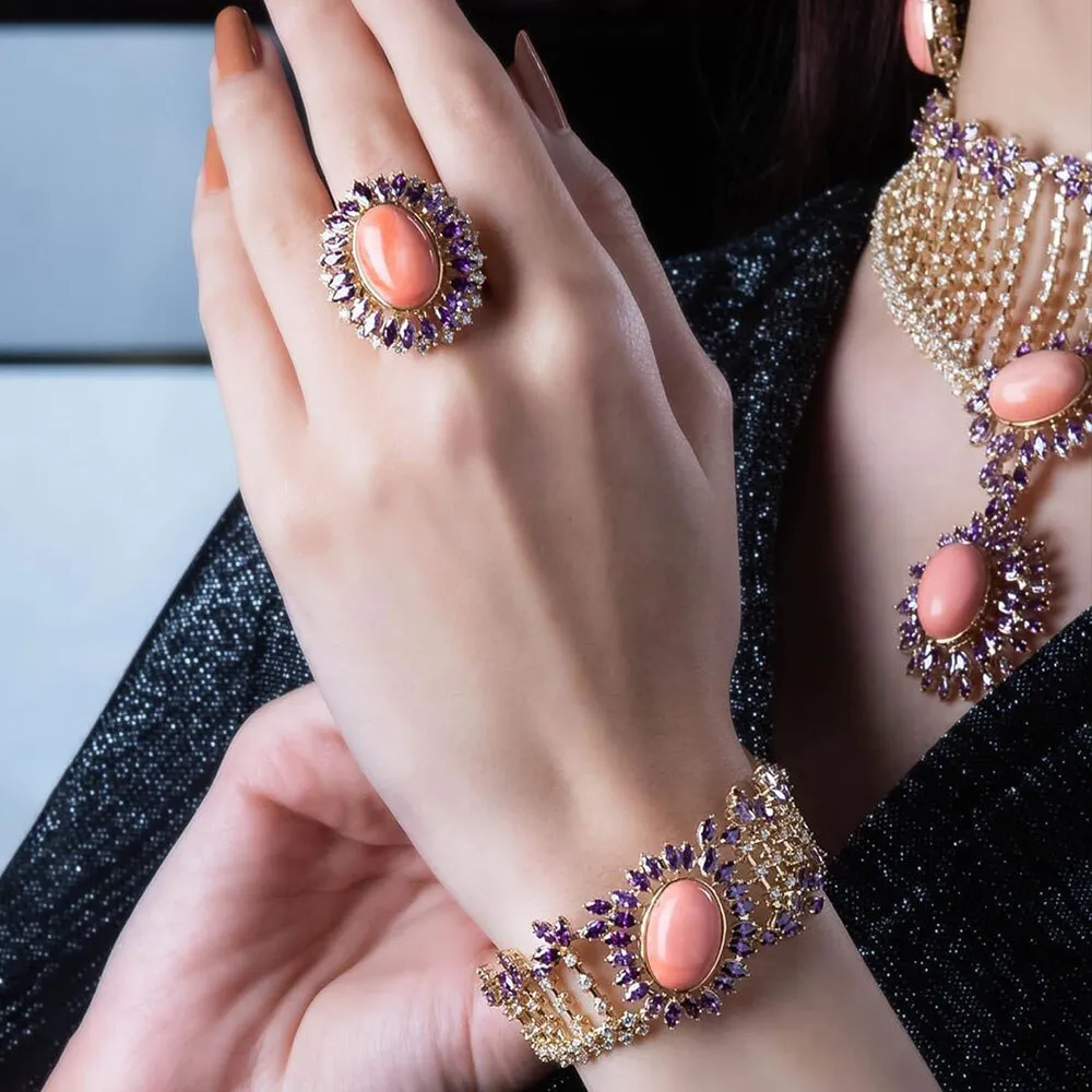 4PCS Real Coral Pink Jewelry Set