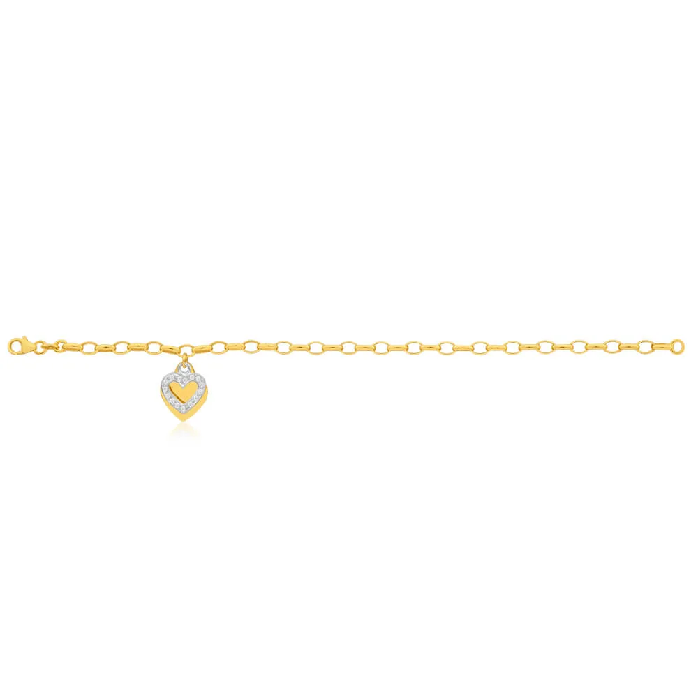 9ct Yellow Gold Silver Filled Cubic Zirconia Belcher Heart Charm 19cm Bracelet