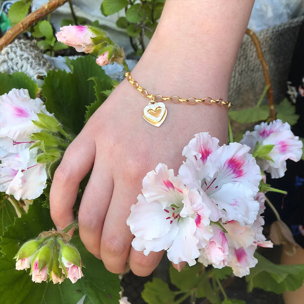 9ct Yellow Gold Silver Filled Cubic Zirconia Belcher Heart Charm 19cm Bracelet