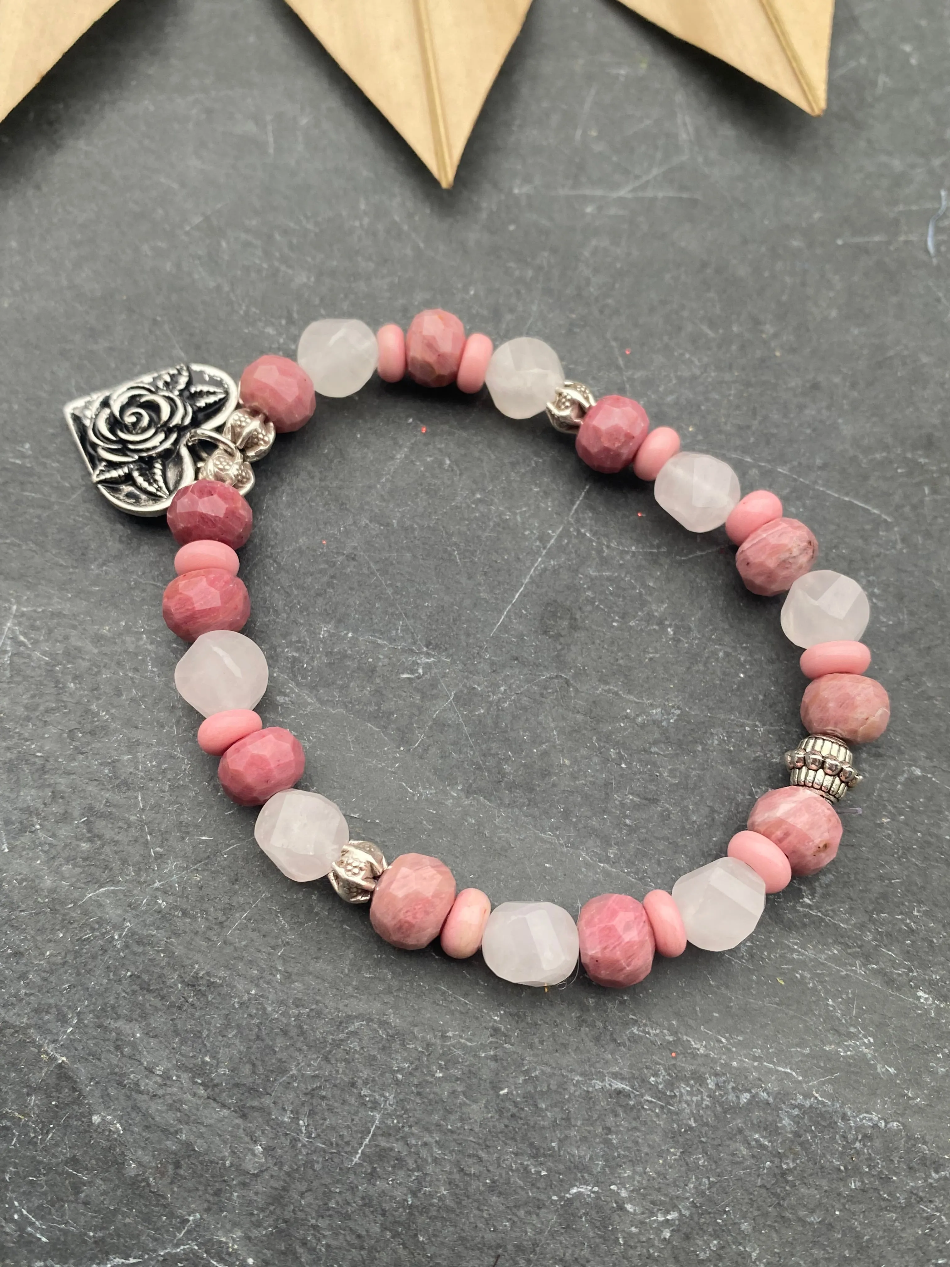 African wood, indoneisan glass, stone, African brass, elastic cording, bracelet, jewelry