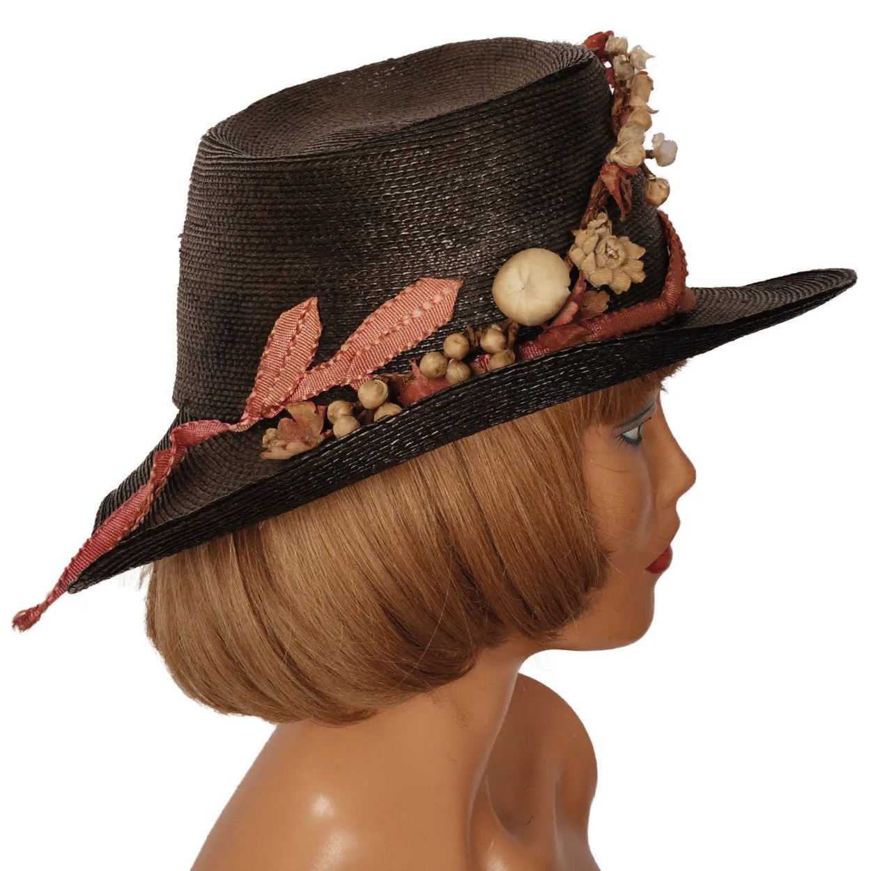 Antique Black Straw Hat Wide Brim pre 1920s