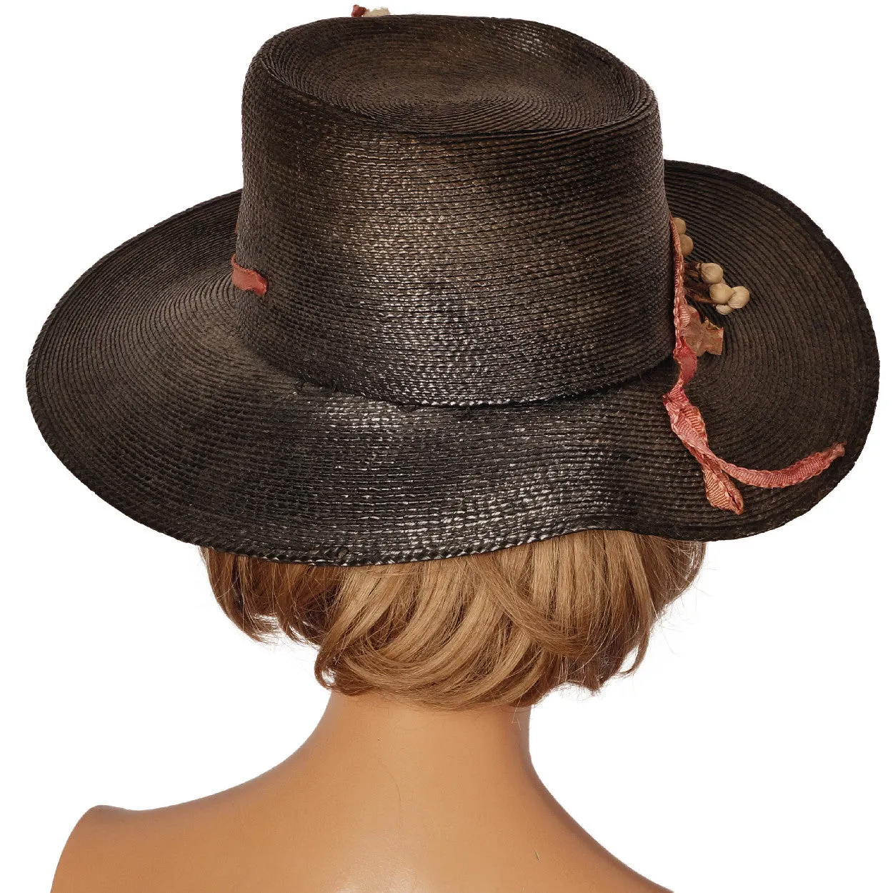 Antique Black Straw Hat Wide Brim pre 1920s