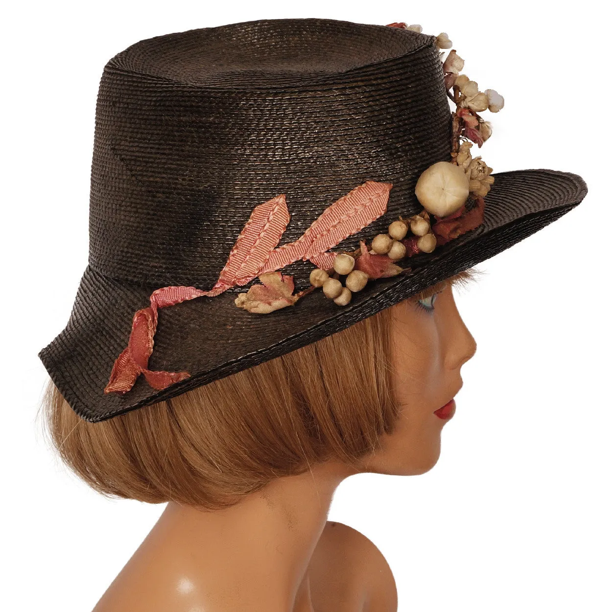 Antique Black Straw Hat Wide Brim pre 1920s