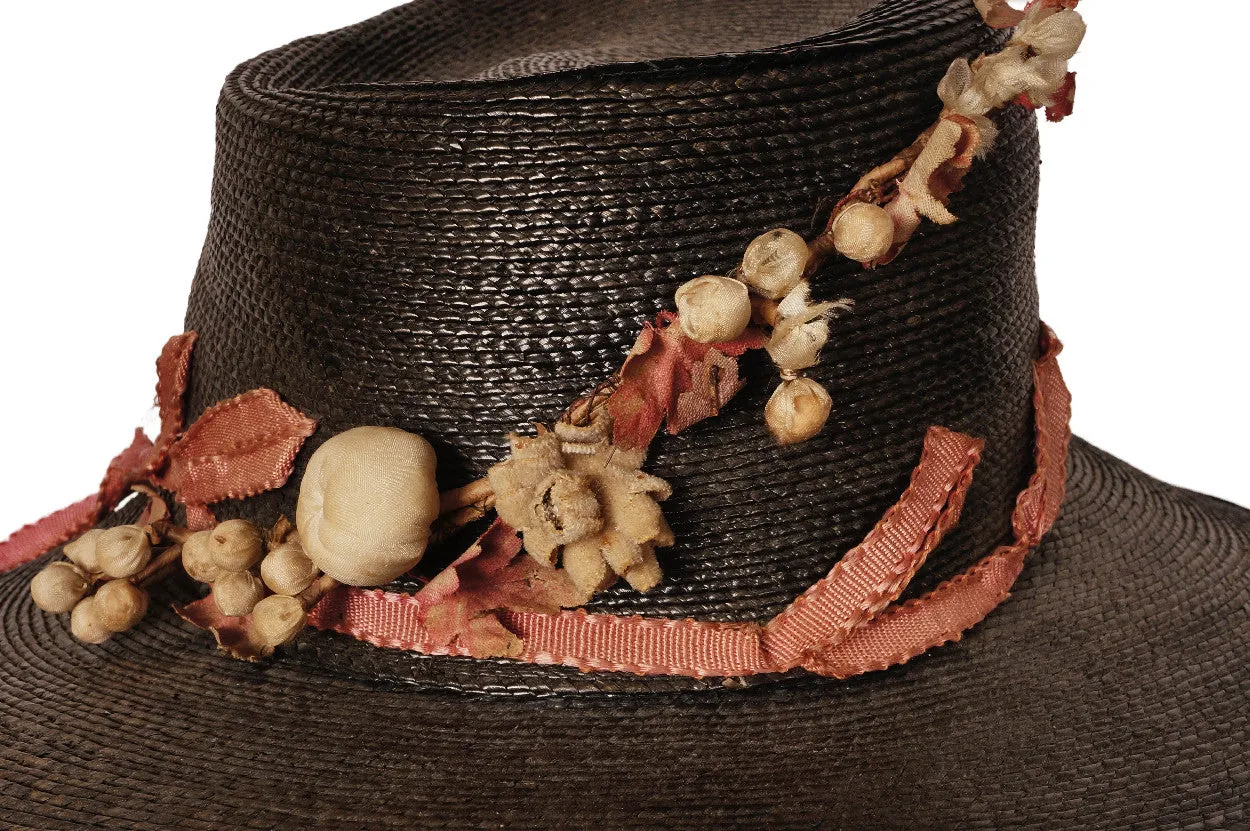 Antique Black Straw Hat Wide Brim pre 1920s