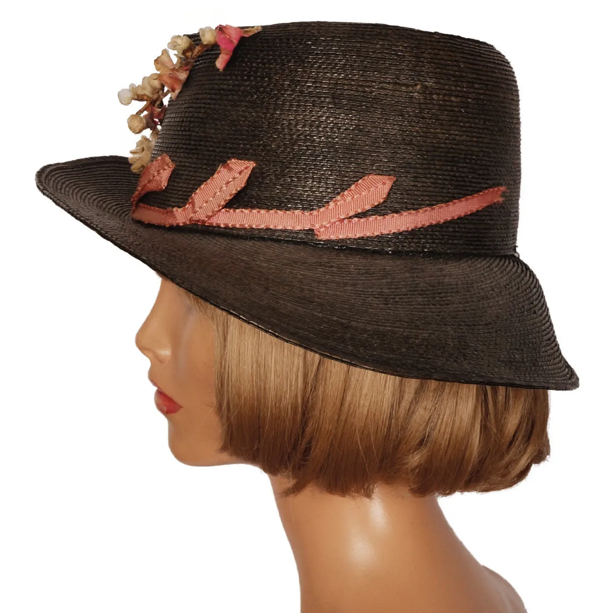 Antique Black Straw Hat Wide Brim pre 1920s