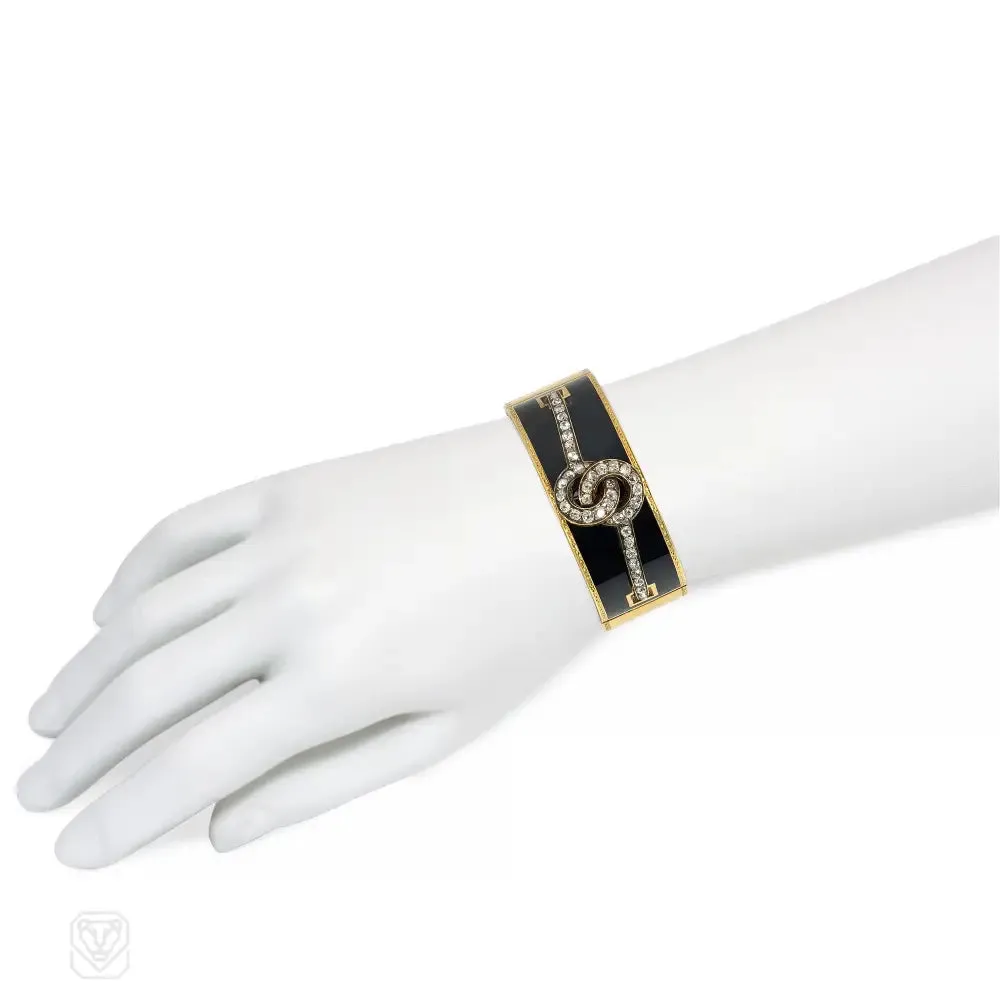 Antique French diamond and black enamel cuff bracelet