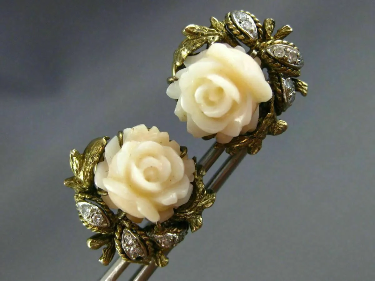 ANTIQUE LARGE OLD MINE DIAMOND & AAA CORAL 14KT YELLOW GOLD 3D CLIP ON EARRINGS