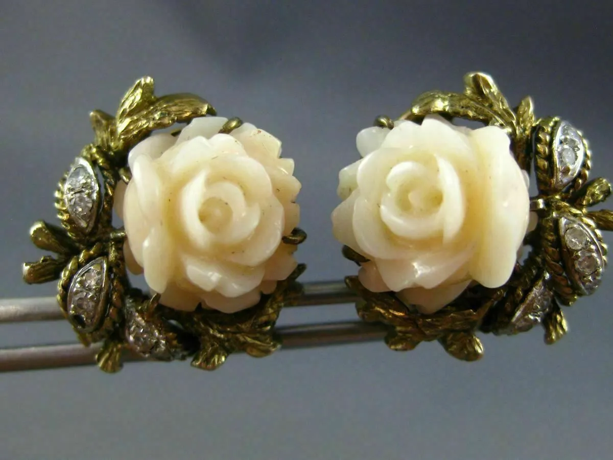 ANTIQUE LARGE OLD MINE DIAMOND & AAA CORAL 14KT YELLOW GOLD 3D CLIP ON EARRINGS