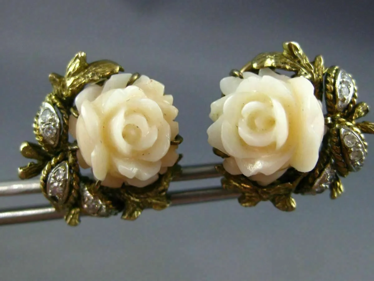 ANTIQUE LARGE OLD MINE DIAMOND & AAA CORAL 14KT YELLOW GOLD 3D CLIP ON EARRINGS