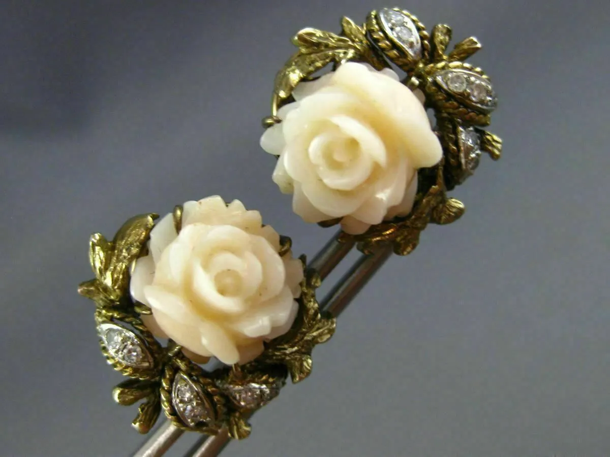 ANTIQUE LARGE OLD MINE DIAMOND & AAA CORAL 14KT YELLOW GOLD 3D CLIP ON EARRINGS
