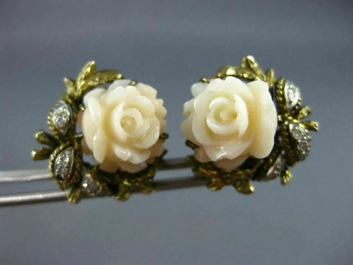 ANTIQUE LARGE OLD MINE DIAMOND & AAA CORAL 14KT YELLOW GOLD 3D CLIP ON EARRINGS