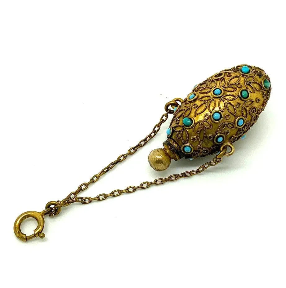 Antique Victorian Brass Turquoise Ornate Perfume Scent Bottle