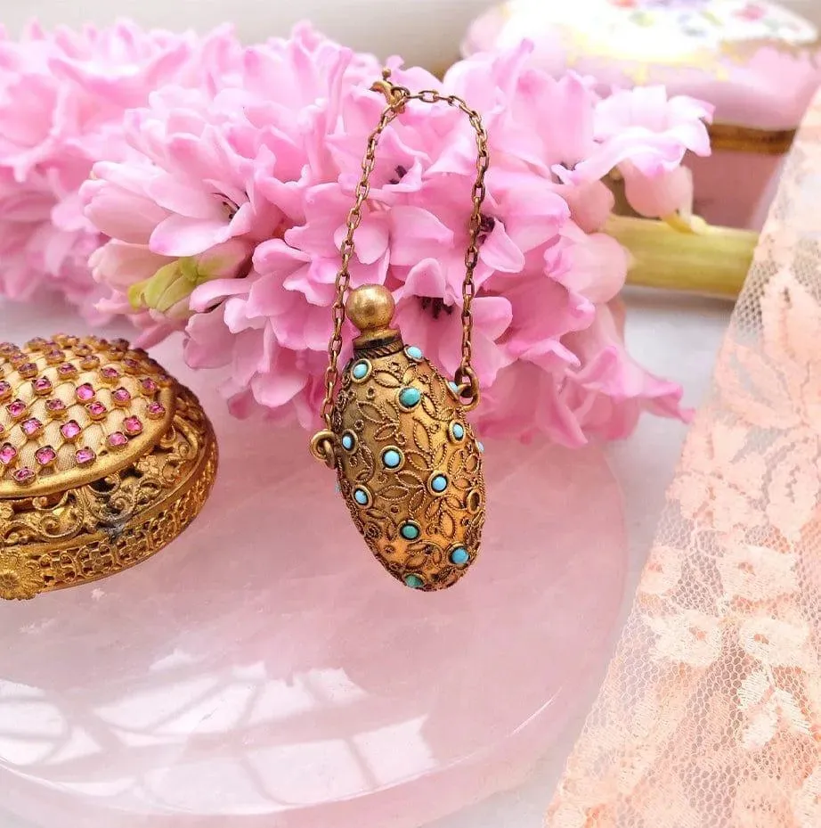 Antique Victorian Brass Turquoise Ornate Perfume Scent Bottle
