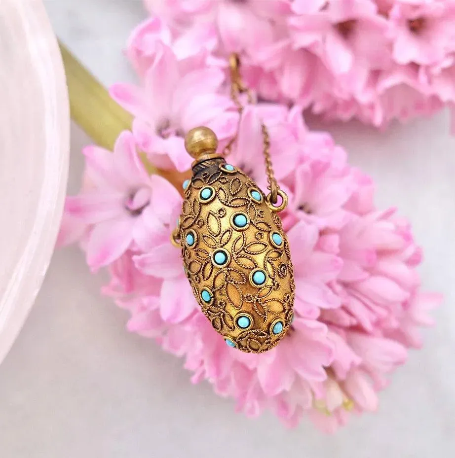 Antique Victorian Brass Turquoise Ornate Perfume Scent Bottle
