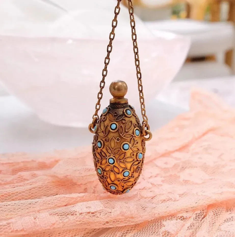 Antique Victorian Brass Turquoise Ornate Perfume Scent Bottle