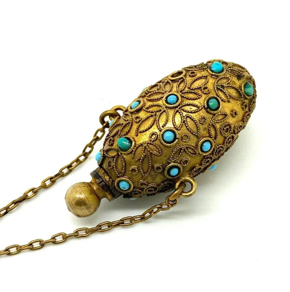 Antique Victorian Brass Turquoise Ornate Perfume Scent Bottle