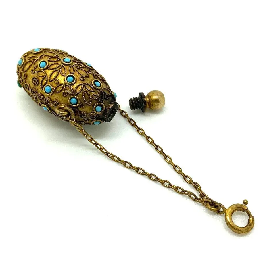 Antique Victorian Brass Turquoise Ornate Perfume Scent Bottle