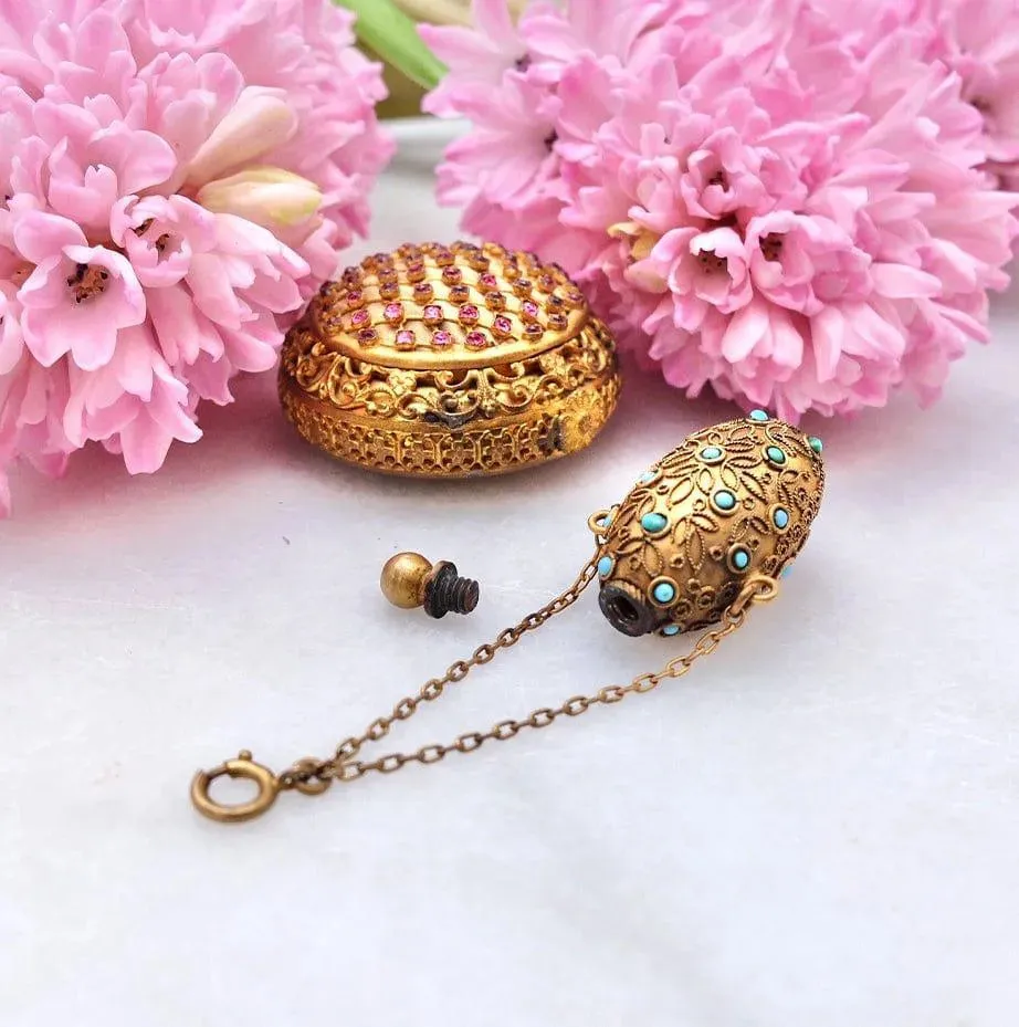 Antique Victorian Brass Turquoise Ornate Perfume Scent Bottle