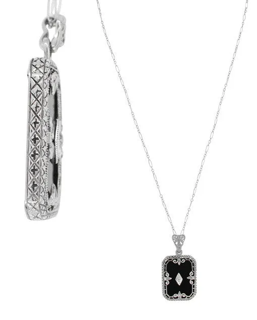 Art Deco Fleur de Lis Filigree Black Onyx and Diamond Pendant Necklace in Sterling Silver
