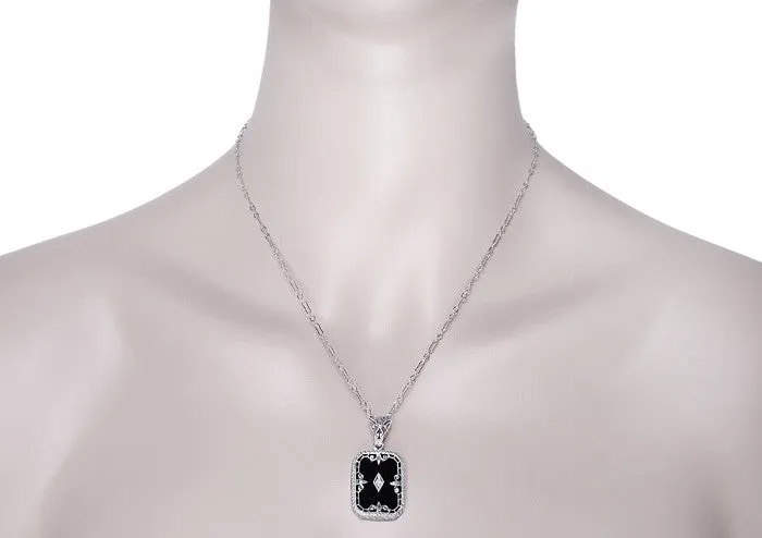 Art Deco Fleur de Lis Filigree Black Onyx and Diamond Pendant Necklace in Sterling Silver