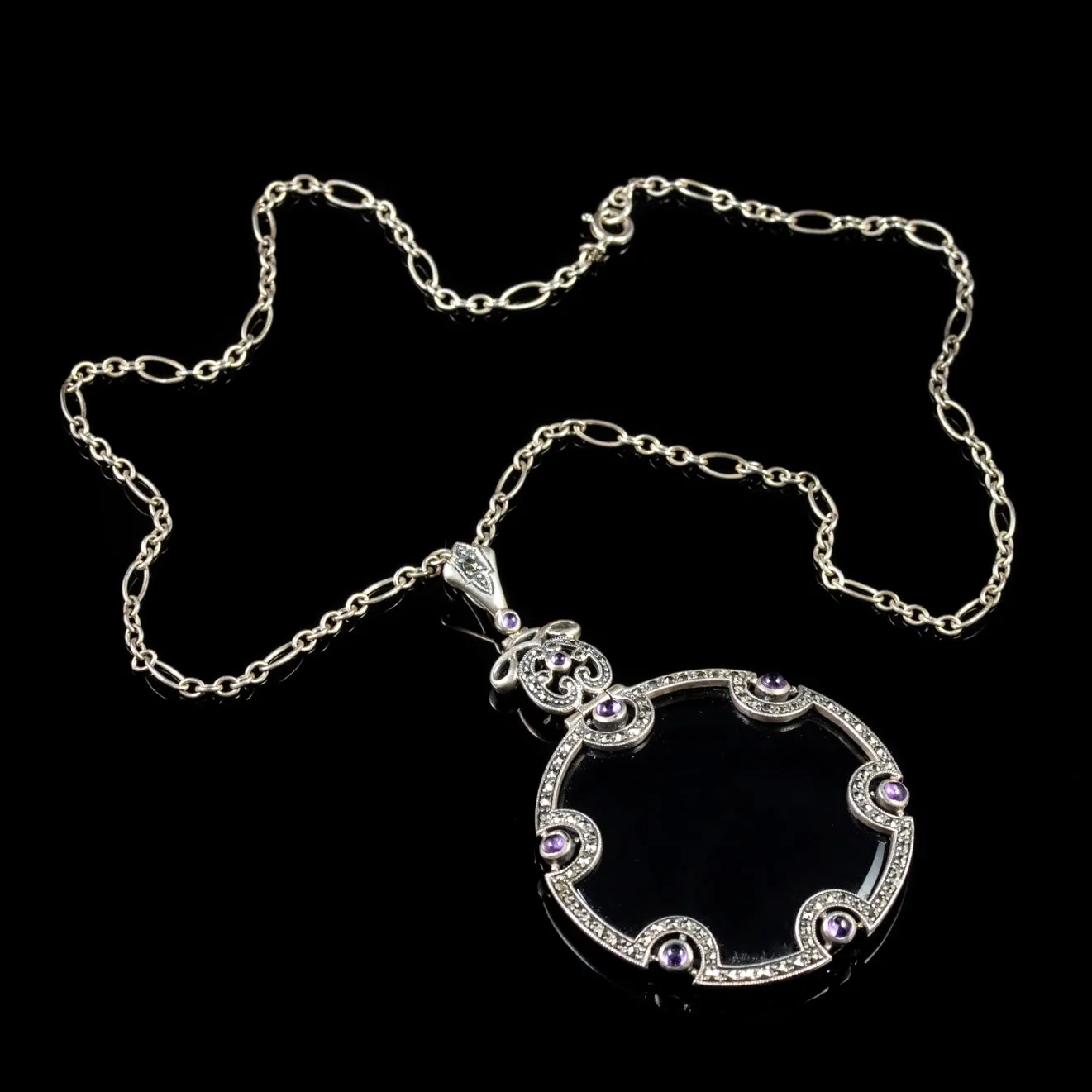 Art Deco Onyx Amethyst Pendant Necklace Sterling Silver Circa 1920