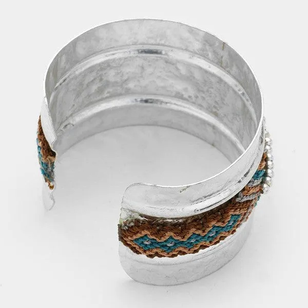Aztec Pattern Crochet Lined Metal Cuff Bracelet