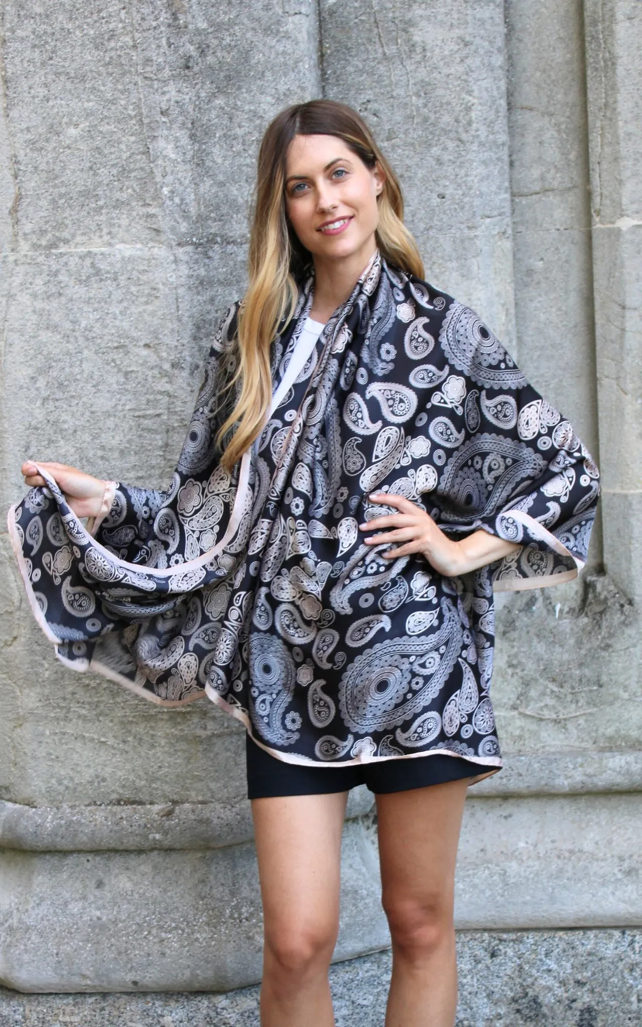 Black Silk Scarf With Paisley Design
