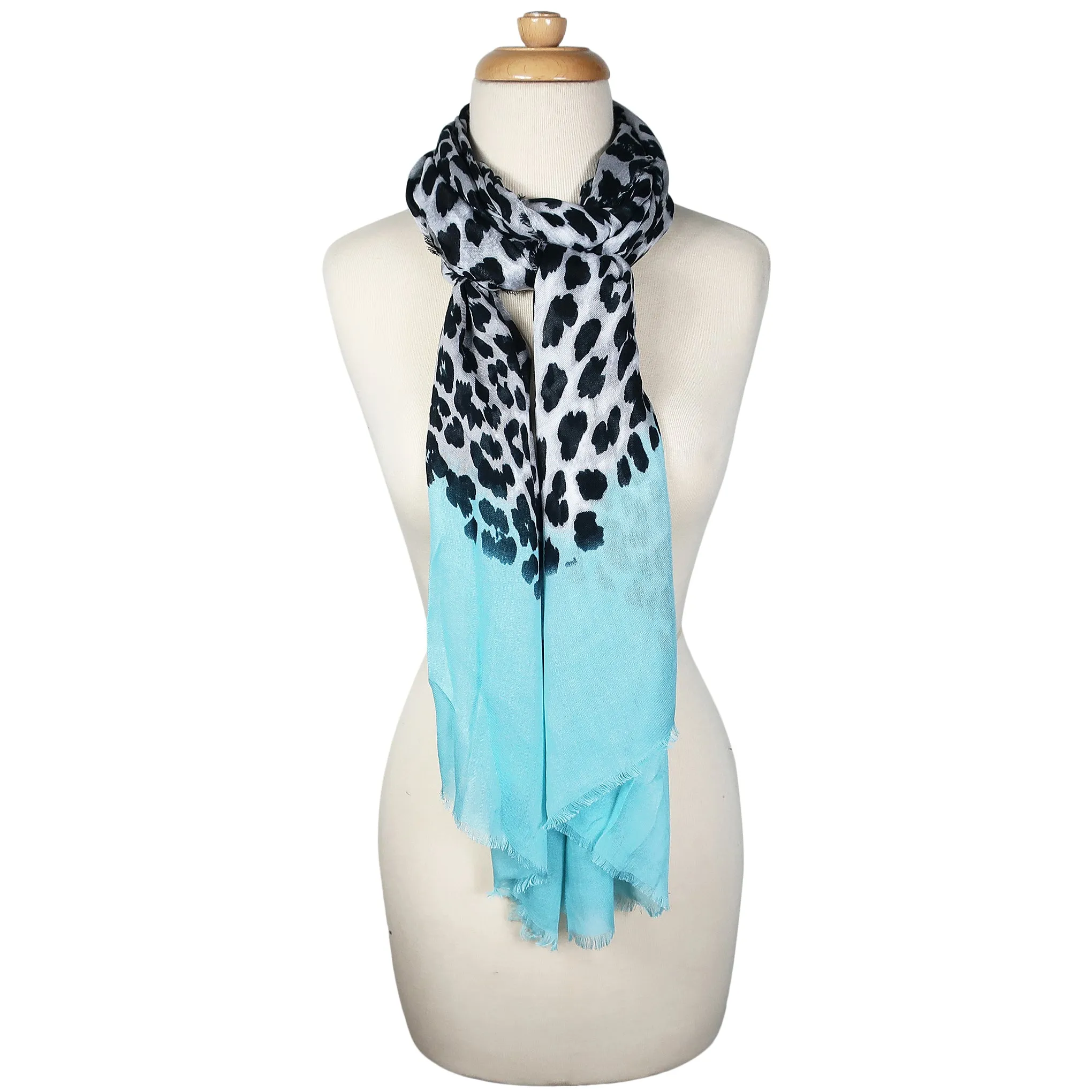 Blue Pacific Animal Print Cashmere Silk Scarf in Aqua Blue and Snow 78 x 22