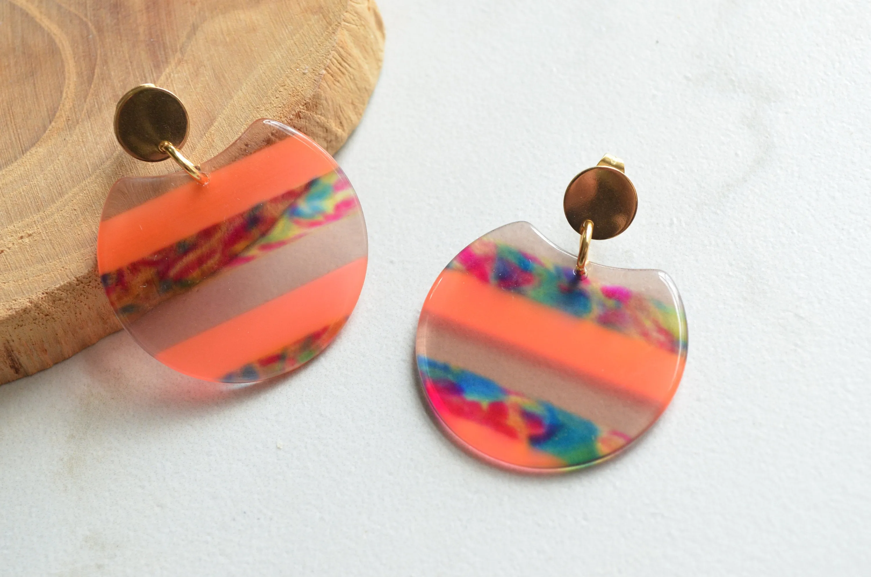 Coral Orange Multi Color Acrylic Lucite Big Dangle Statement Earrings - Hanna