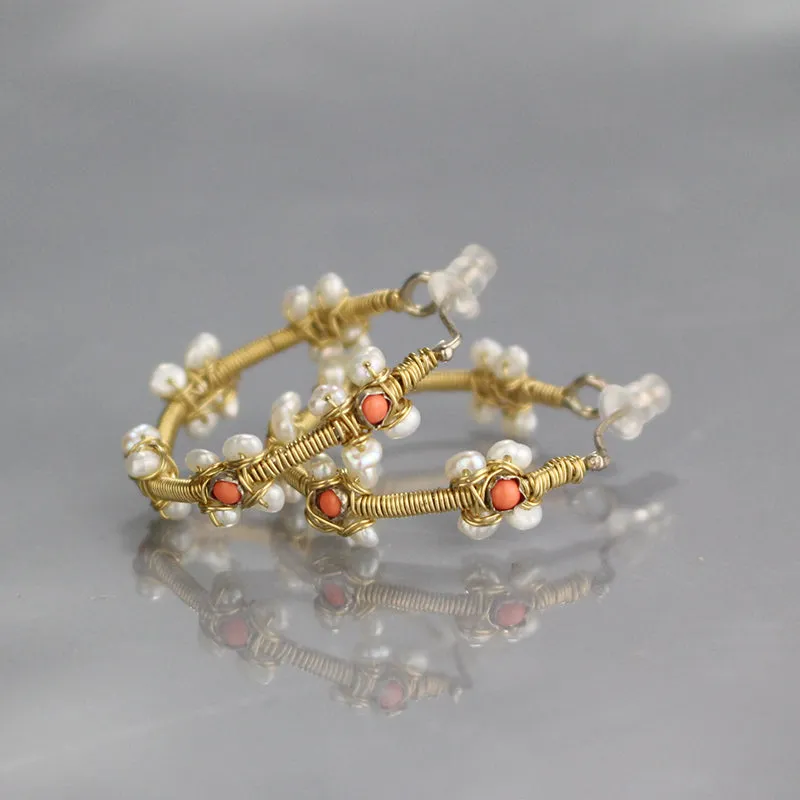 Coral Pearl Flower Hoop Earrings