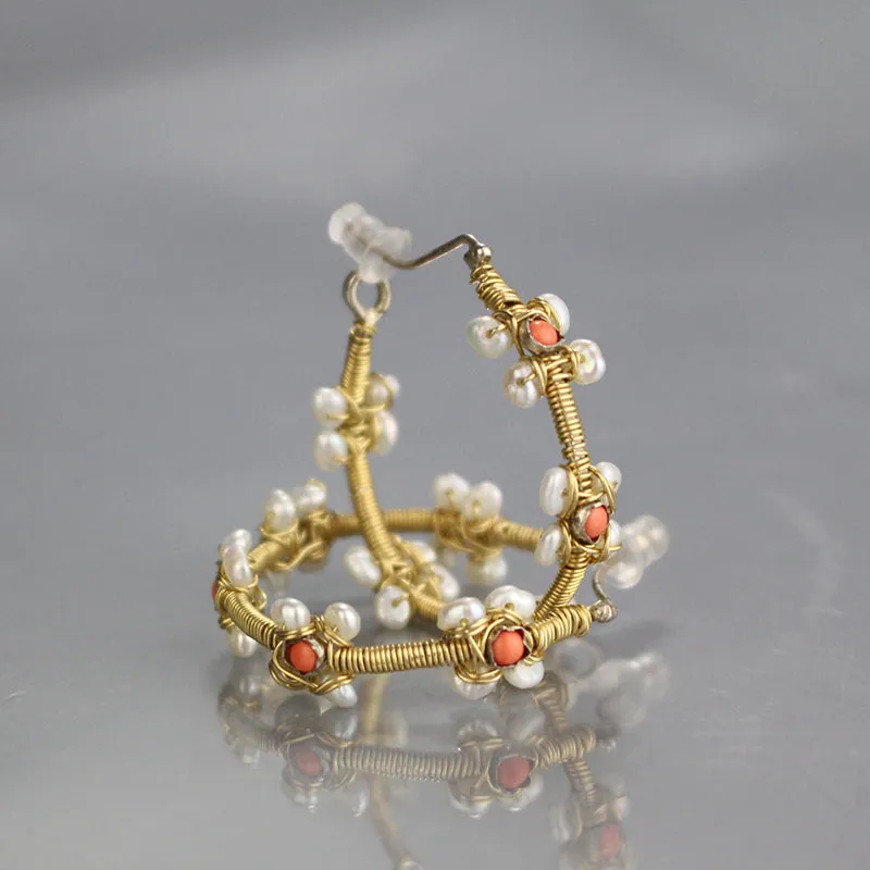 Coral Pearl Flower Hoop Earrings
