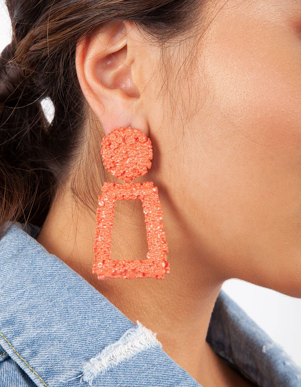Coral Textured Geometric Drop Earrings