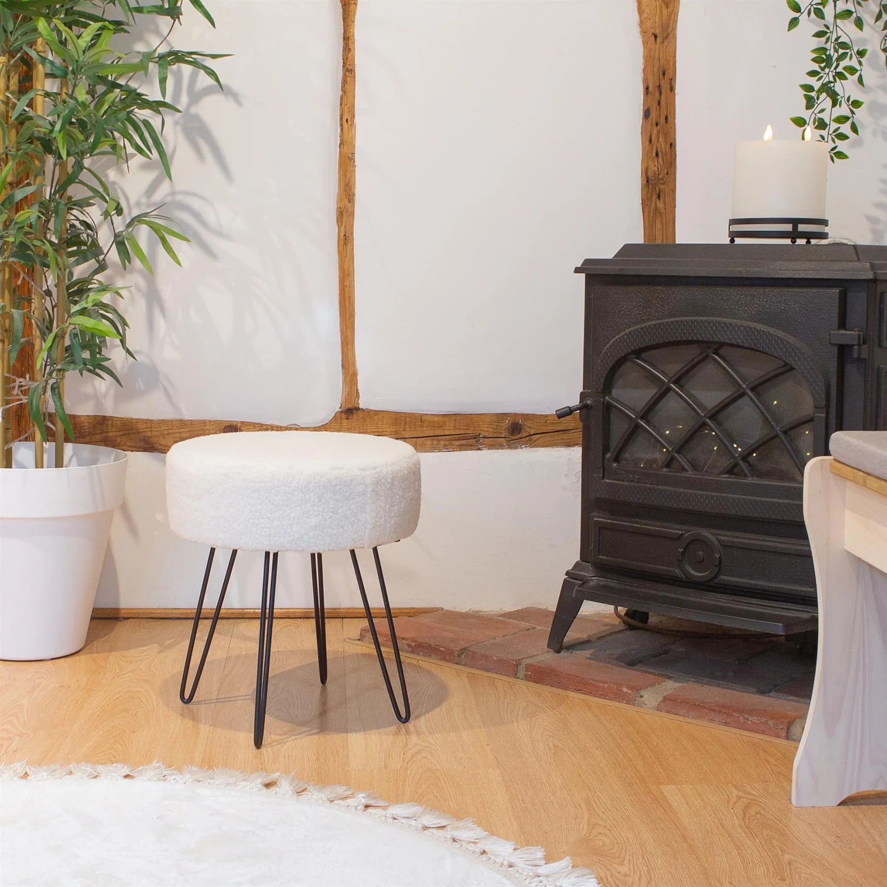 Cream H41 x D35cm Round Boucle Footstool - By Harbour Housewares