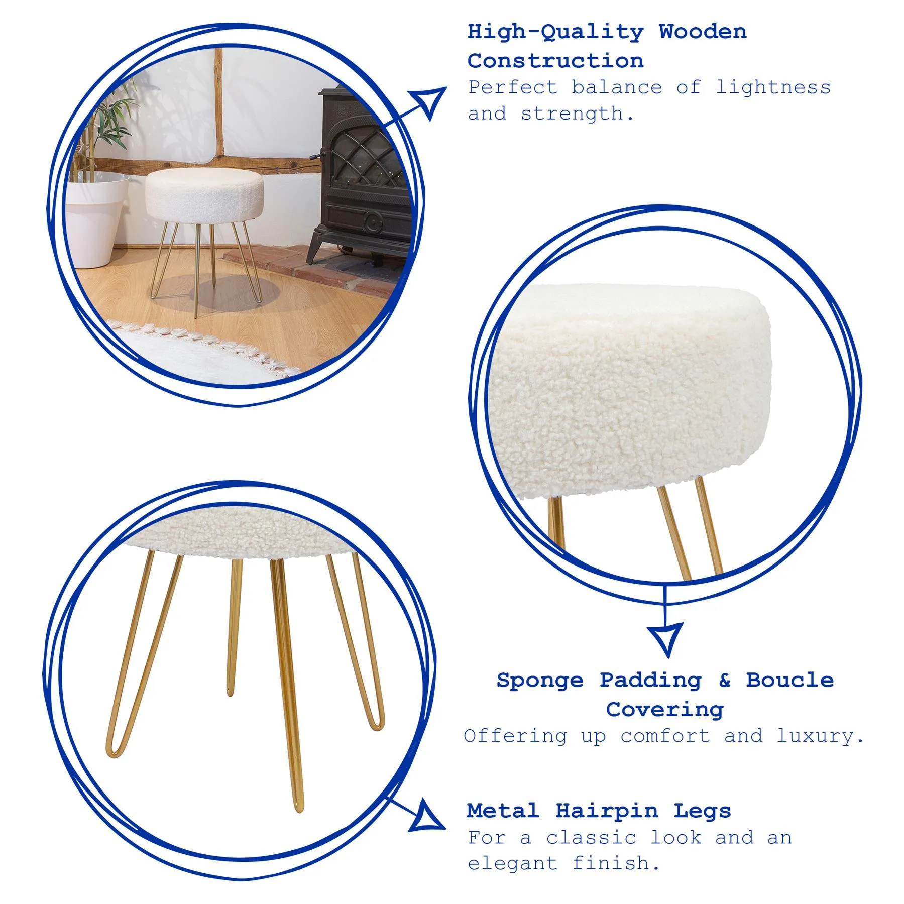 Cream H41 x D35cm Round Boucle Footstool - By Harbour Housewares