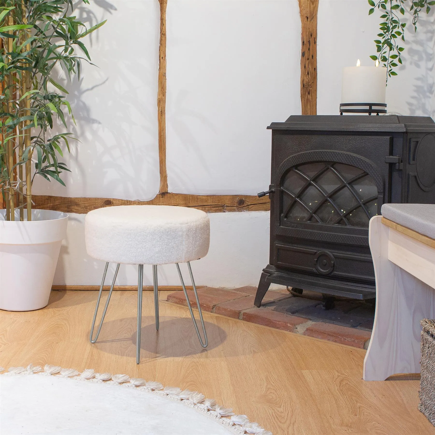 Cream H41 x D35cm Round Boucle Footstool - By Harbour Housewares