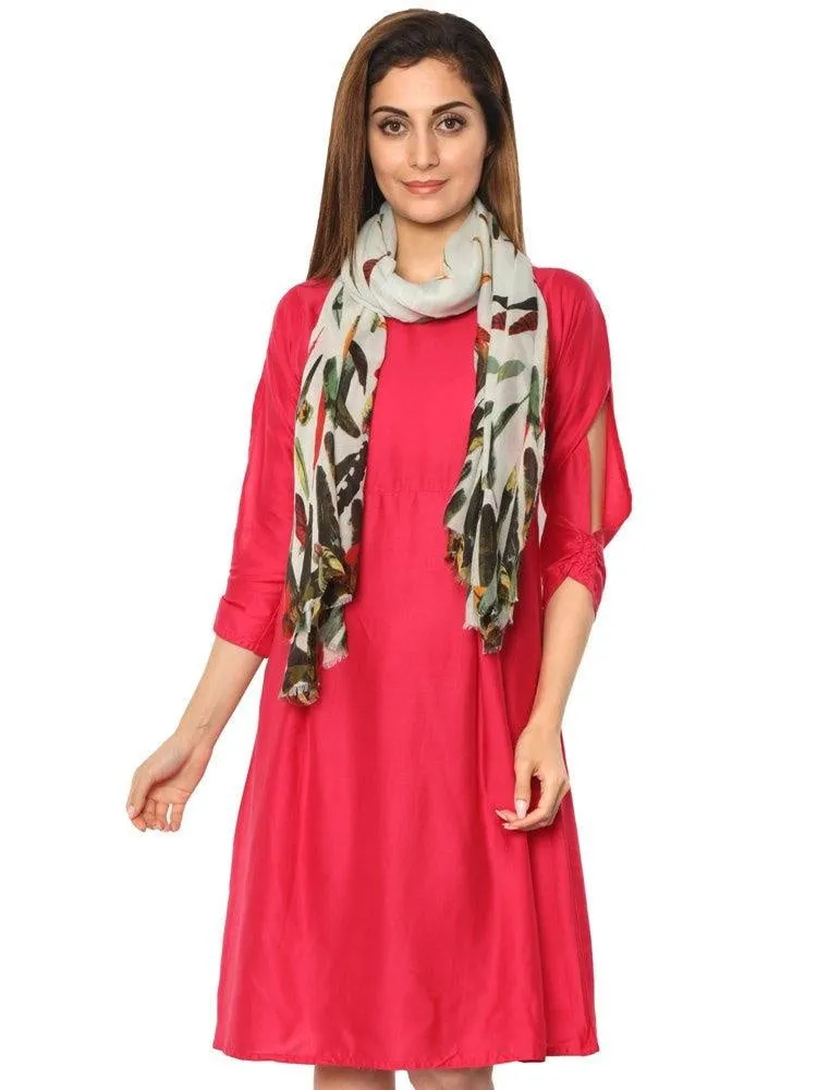 FabSeasons White Abstract feathers Printed Cotton Scarf