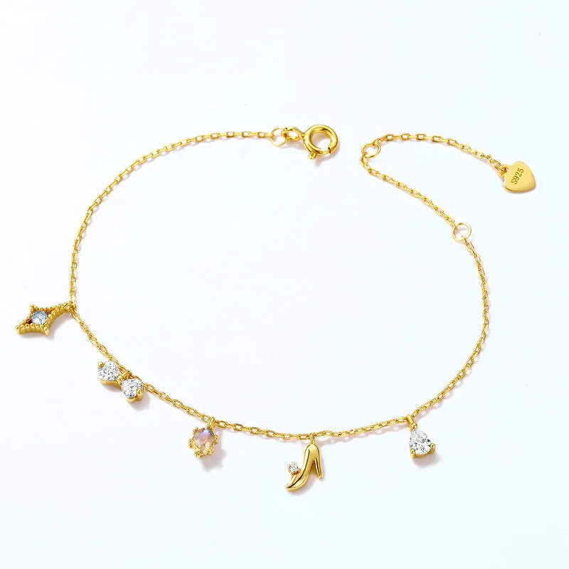 Fairy Tale Princess High Heels Shoe Zircon Blue Spinel Sterling Silver Bracelet