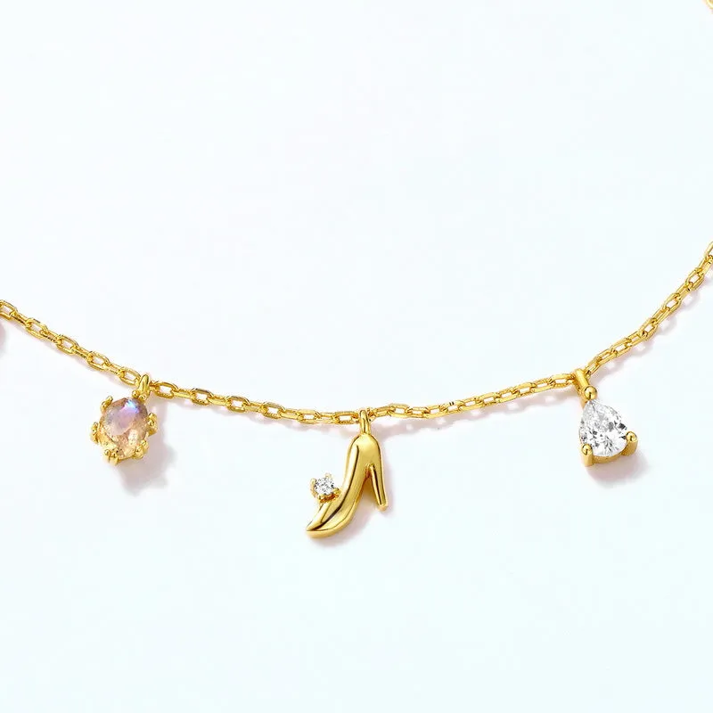 Fairy Tale Princess High Heels Shoe Zircon Blue Spinel Sterling Silver Bracelet