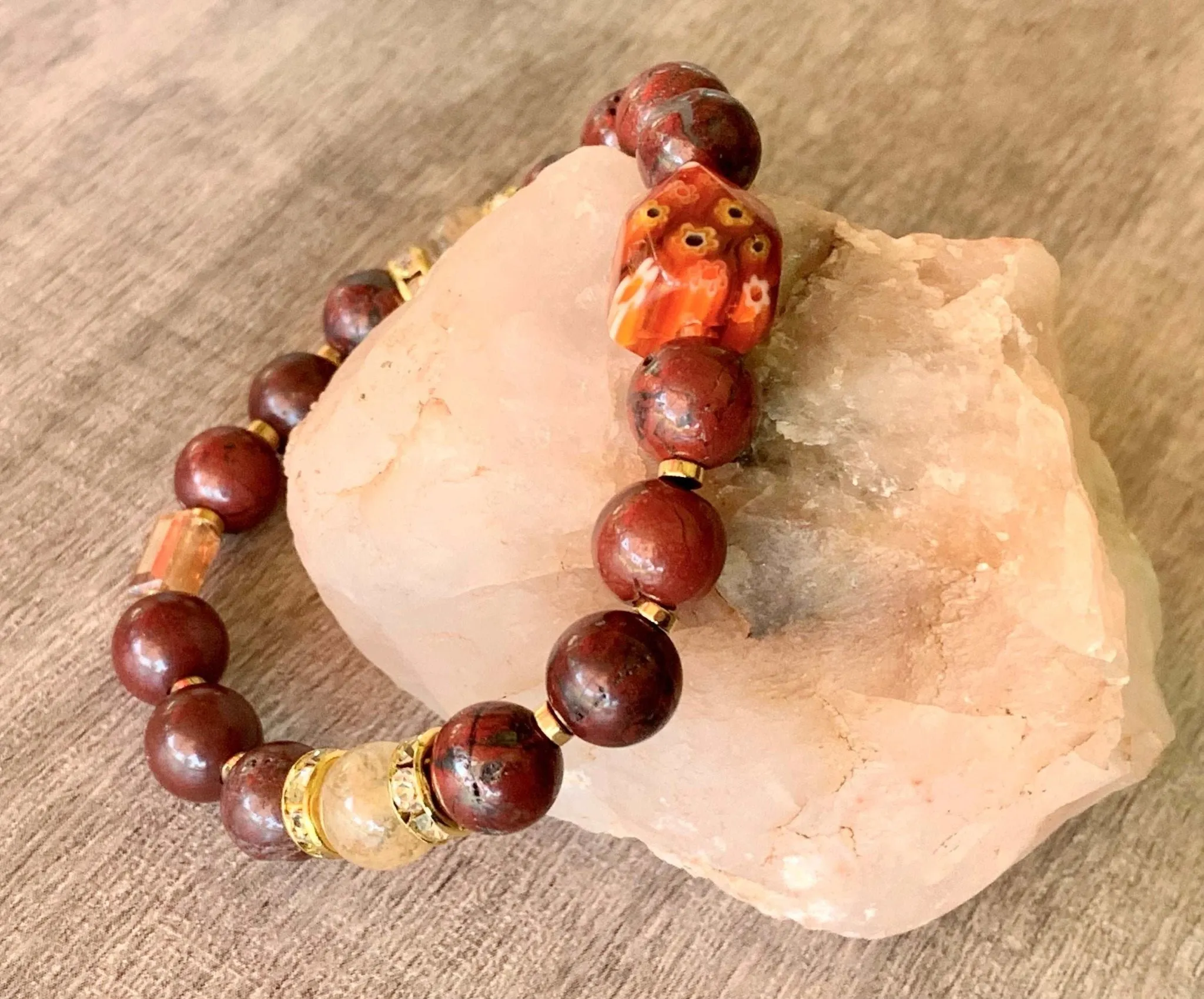 Gabriella Handmade Red Jasper, Citrine, Gold Plated Hematite, Millefiori and Austrian Crystal Expandable Bracelet