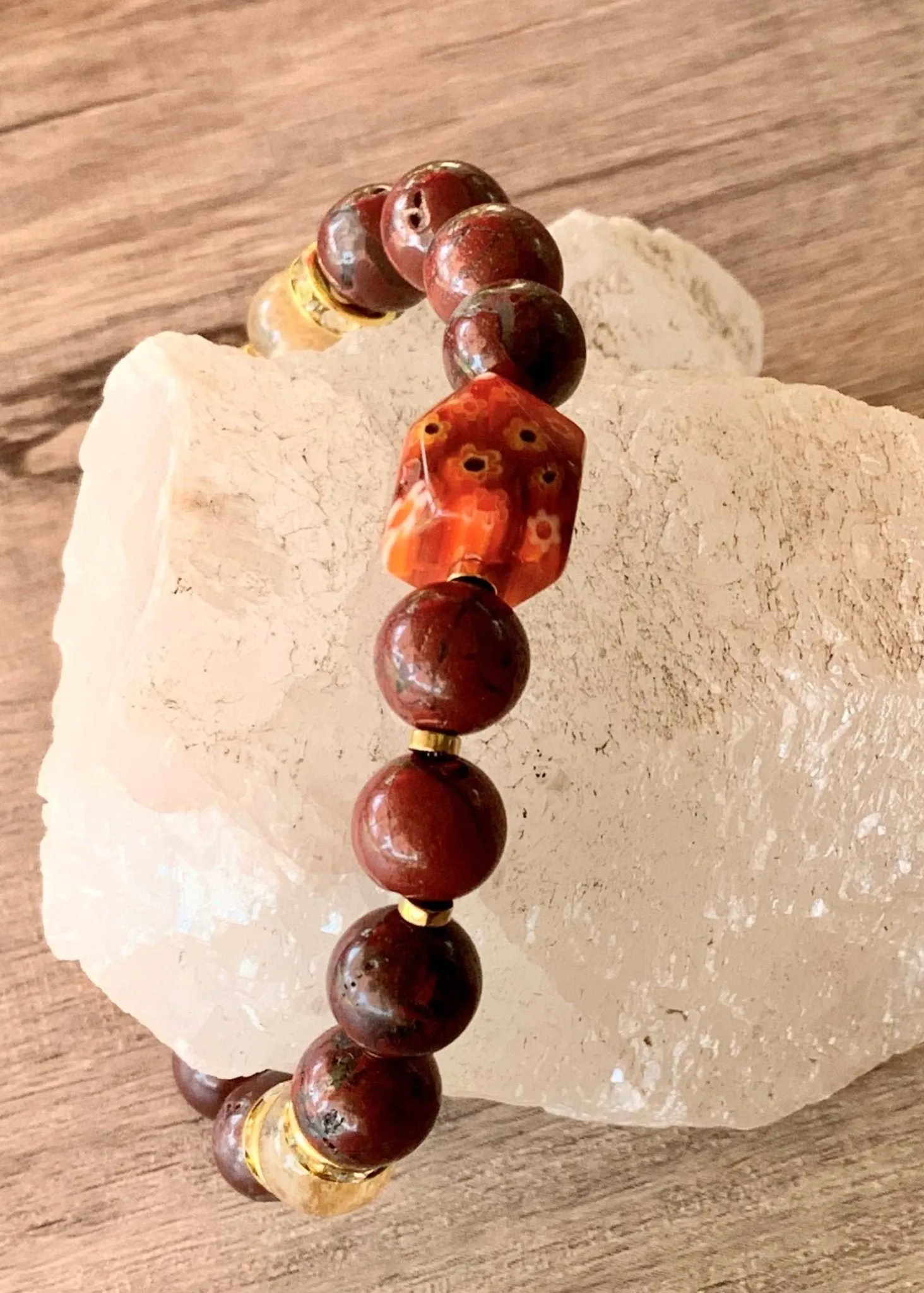 Gabriella Handmade Red Jasper, Citrine, Gold Plated Hematite, Millefiori and Austrian Crystal Expandable Bracelet