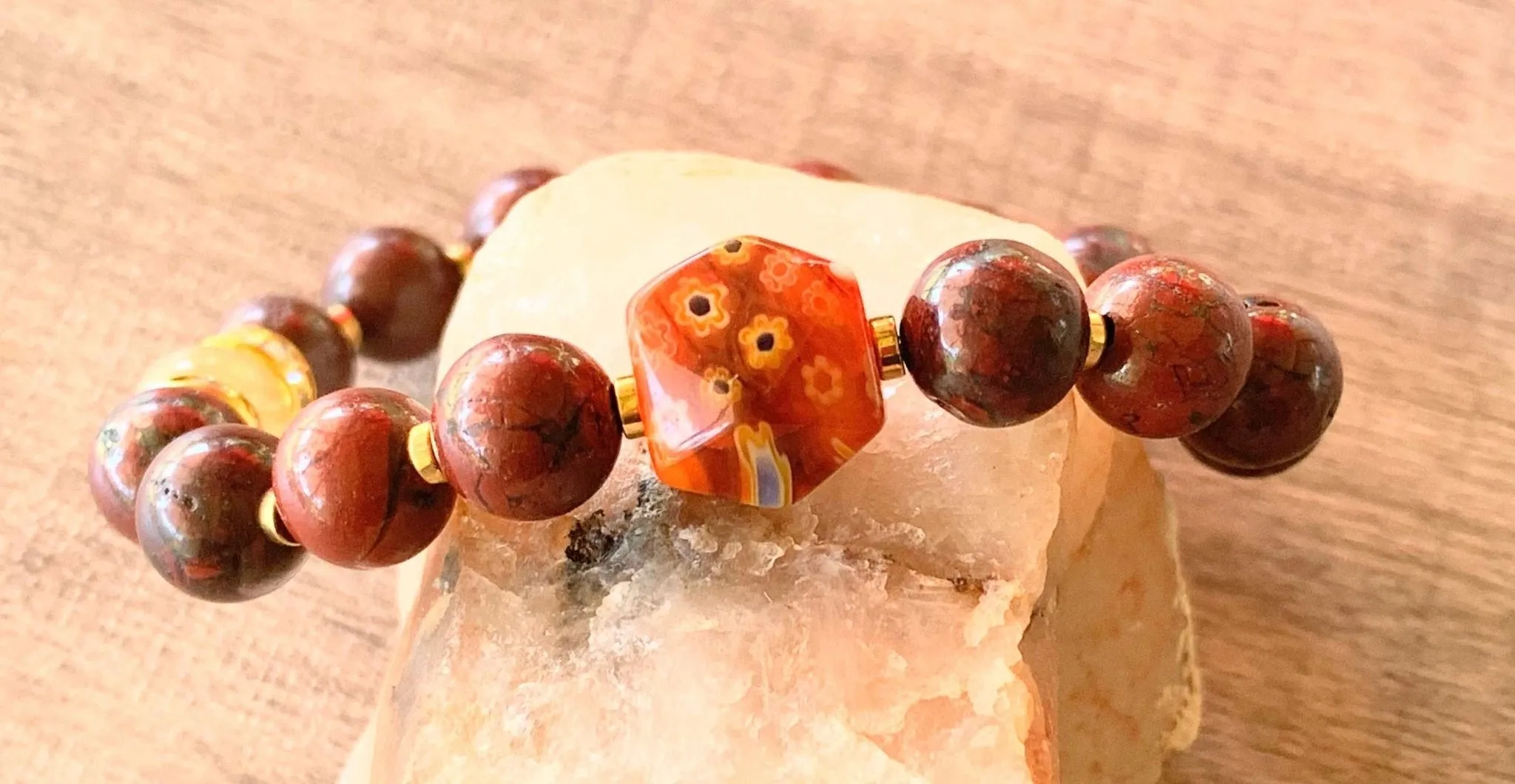Gabriella Handmade Red Jasper, Citrine, Gold Plated Hematite, Millefiori and Austrian Crystal Expandable Bracelet