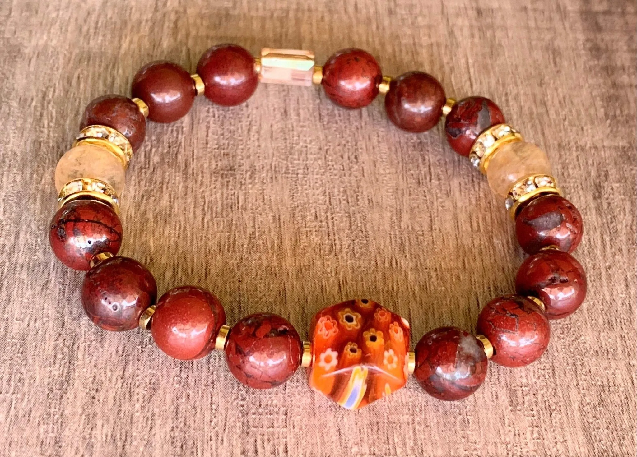 Gabriella Handmade Red Jasper, Citrine, Gold Plated Hematite, Millefiori and Austrian Crystal Expandable Bracelet