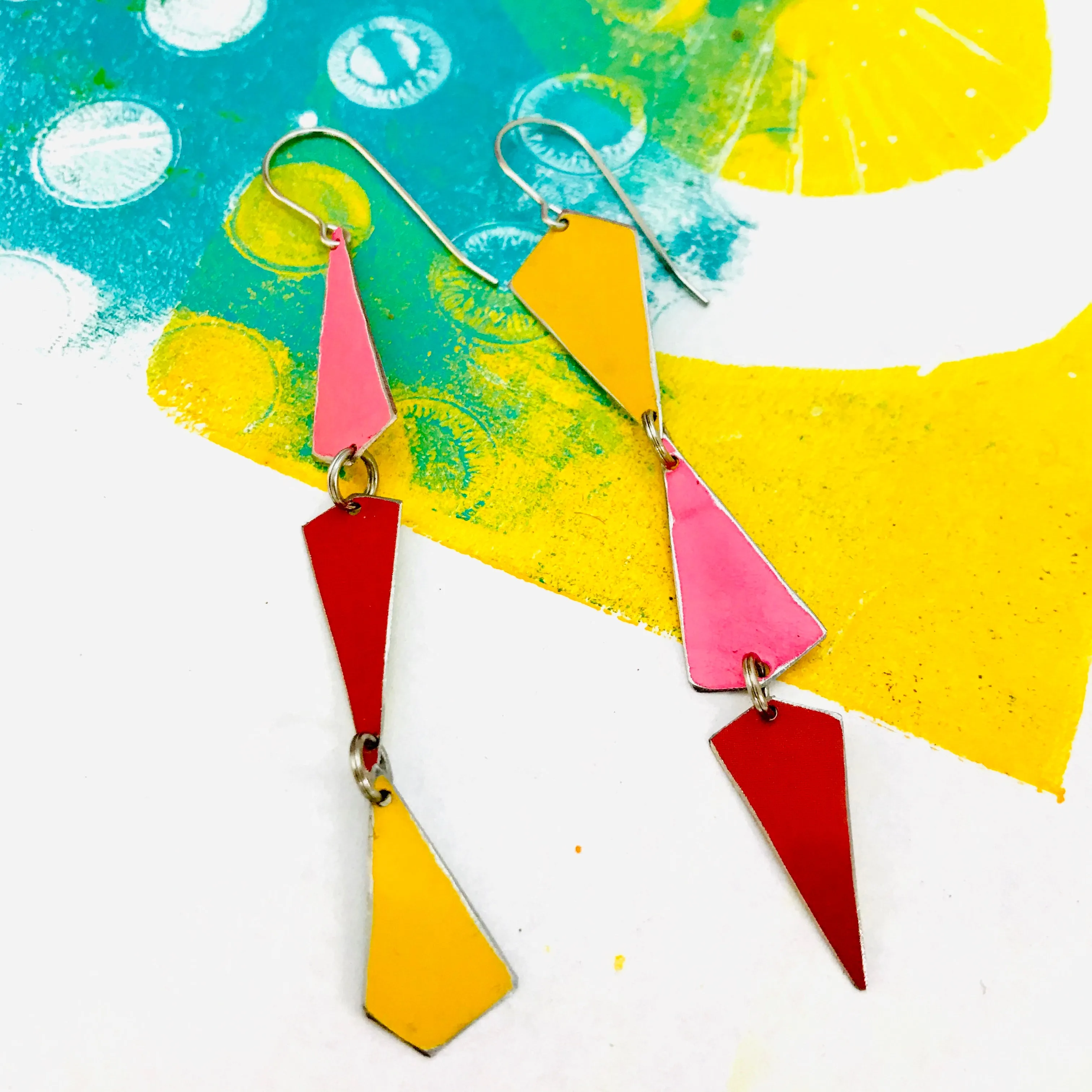Goldenrod, Bubblegum & Coral Small Narrow Kites Recycled Tin Earrings
