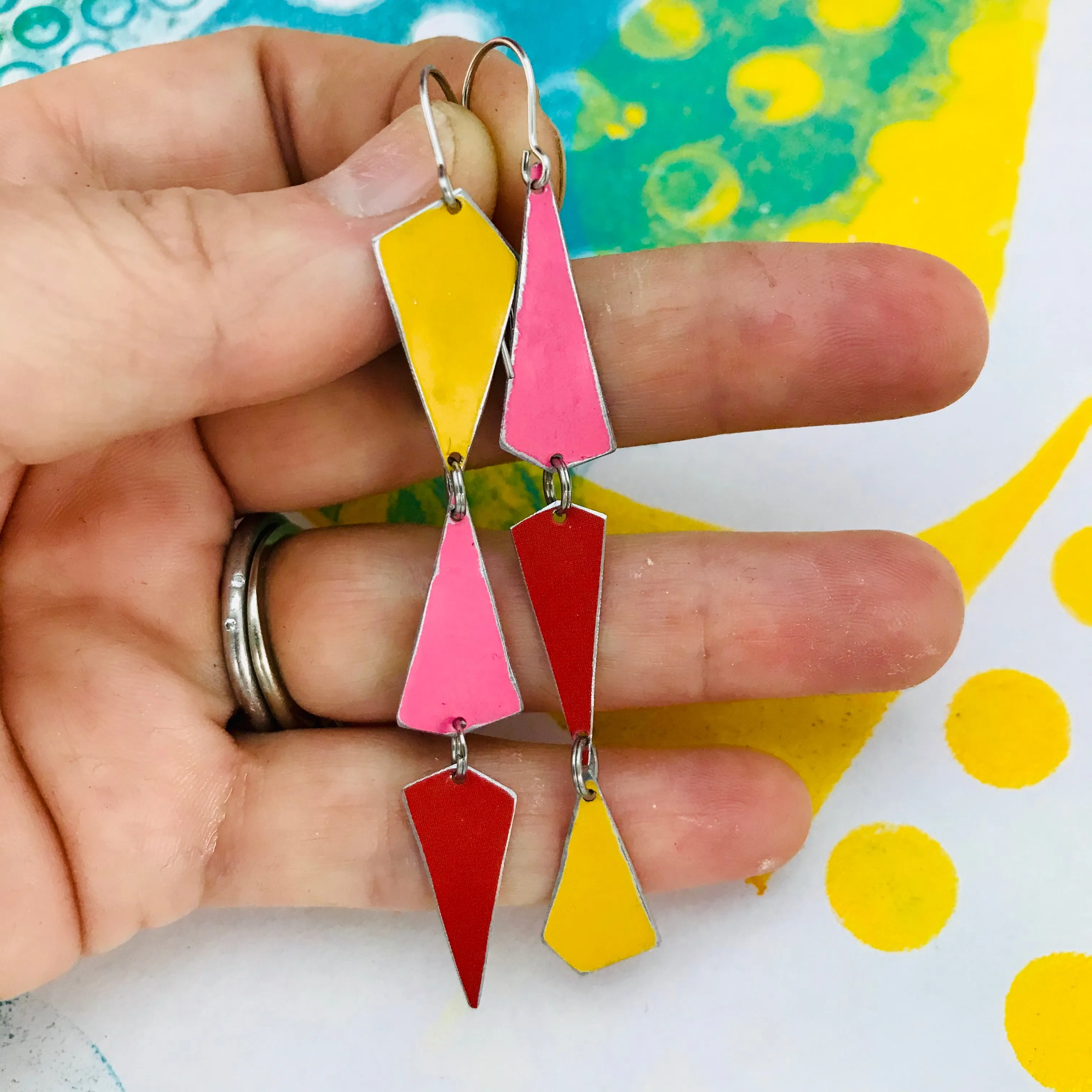 Goldenrod, Bubblegum & Coral Small Narrow Kites Recycled Tin Earrings